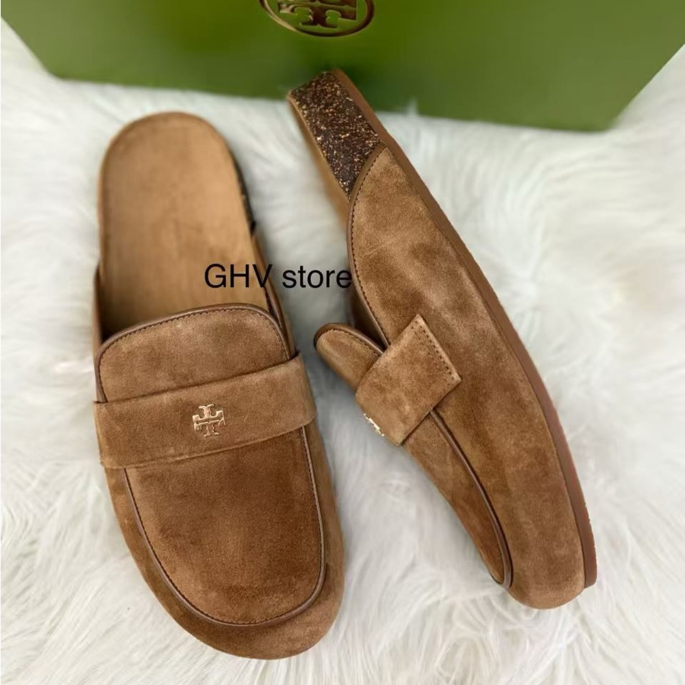 Tory Burch Everly Cork Suede Leather Mule Shoes - Picture 2 of 6